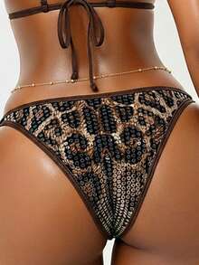 Swim SXY Women's Sexy Halter Leopard Print Sequin Swimsuit Two Pieces Set, Elegant Vacation Beach Outfit, Spring/Summer - Multicolor - View 4