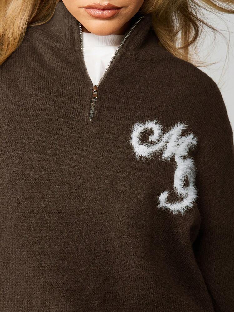 MISSGUIDED Oversized Quarter Zip Pullover Jumper With Logo Detail Cozy Winter Knit Sweater