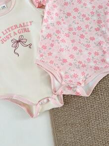 SHEIN 女婴可爱舒适三件套短袖连体衣，印花图案，胸前饰有英文字母花朵刺绣 - 彩色 - 查看 4