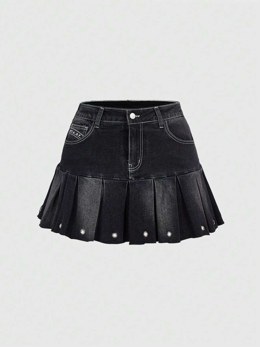 ROMWE Grunge Punk Y2K复古做旧毛边褶皱超短女式牛仔迷你裙 - 黑色 - 查看 1