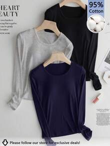 Tseoso Bộ 3 áo thun dài tay cổ tròn ôm vừa vặn thường ngày dành cho nữ, 95% cotton, đen, xám pha, xanh navy - Nhiều màu - Xem 13