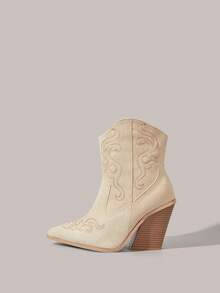 Styleloop Giày bốt nữ cao đến giữa bắp chân, chất liệu dệt, phong cách Boho Chic, hơi hướng miền Tây, phù hợp cho các lễ hội âm nhạc, kỳ nghỉ và du lịch. - Màu be - Xem 3