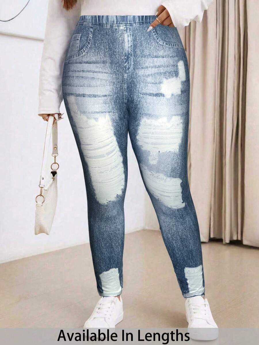 SHEIN PETITE CURVE Plus Size Casual Retro Loose Denim Print Pattern Leggings, Suitable For Autumn/Winter - Blue - View 1