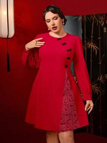 Auvina Váy dài tay màu đỏ thắt eo trang trí nút kiểu Trung Hoa thanh lịch cỡ lớn dành cho nữ, thích hợp cho tiệc năm mới - Đỏ - Xem 6