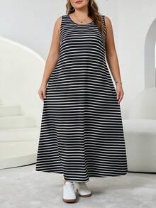 SHEIN CURVE+ 大码女式夏季连衣裙、女式夏季连衣裙、女式度假连衣裙、女式夏季连衣裙、毕业礼服、商务休闲女式连衣裙、女式办公连衣裙、毕业礼服、新款时尚休闲通勤装、条纹无袖带口袋连衣裙、长款连衣裙、A字连衣裙、黑白条纹连衣裙、休闲连衣裙/2026/新年 - 黑與白 - 查看 5