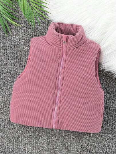 女童冬季灯芯绒复古立领拉链背心短款羽绒服，经典百搭外套