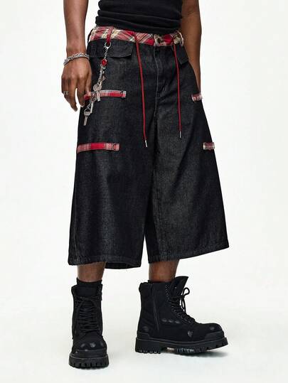 ROMWE MEN Street Life Men's Plaid Patchwork Double Waistband Denim Shorts