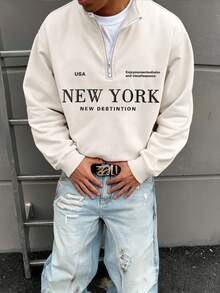 Manfinity Hypemode New York Letter Print Zipper Collar Long Sleeve Loose Casual Pullover Sweatshirt For Men Gifts Father Gifts Men Quarter Zip Sweatshirt