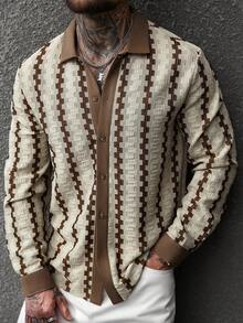 Manfinity CasualCool Men's Contrast Stripe Casual Shirt With Front Button Closure And Flat Collar Men Knitted Button Up Crochet Men Shirt,Men's Geometric Jacquard Long-Sleeved Button-Down Shirt,Men's Boho Apricot Regular Fit Striped Knitted Long Sleeve Button Front Collar Shirt - Apricot - View 6
