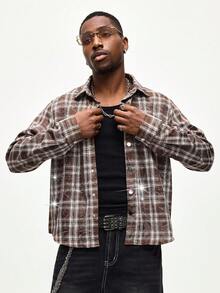 ROMWE MEN Street Life Abrigo casual y de moda con estampado de cuadros y aplicaciones de rhinestone para hombre, adecuado para el uso diario en otoño - Marrón - Ver 5