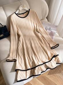 Elladie kids 少女休闲简约黑色滚边装饰层叠下摆长袖圆领秋冬时尚杏色连衣裙 - 杏色 - 查看 1