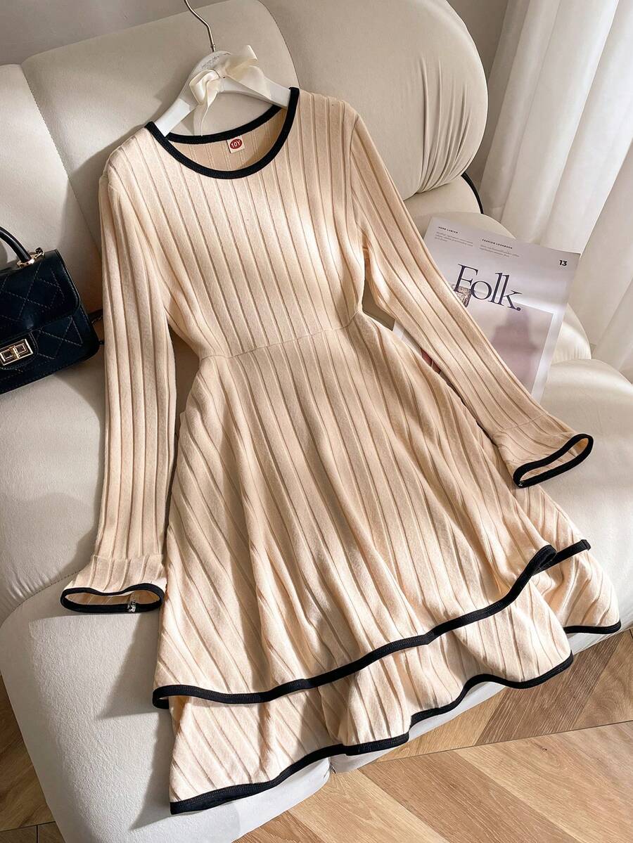 Elladie kids 少女休闲简约黑色滚边装饰层叠下摆长袖圆领秋冬时尚杏色连衣裙 - 杏色 - 查看 1