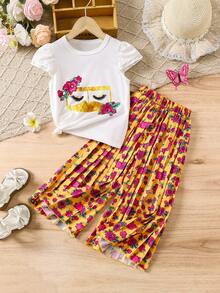 SHEIN Set de pantaloni Palazzo, cu mâneci bufante, florale, cu mâneci bufante, și cu model de trandafiri, ținută elegantă și confortabilă pentru primăvară/vară