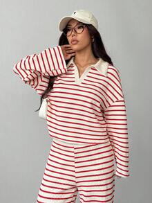 SHEIN PETITE Women's 2pcs Set Loose Striped V-Neck Drop Shoulder Long Sleeve T-Shirt &Elastic Waist Striped Pants, Winter Sweater Suit ,Autumn/Winter Two Pieces Pant Set 2 Pieces Lounge Sets Women Women Two Pieces Sets Striped Two Pieces Set Two Piece Pant Set 2 Piece Lounge Sets Woman Striped Two Piece Set Women S Two Piece Sets - Multicolor - View 6