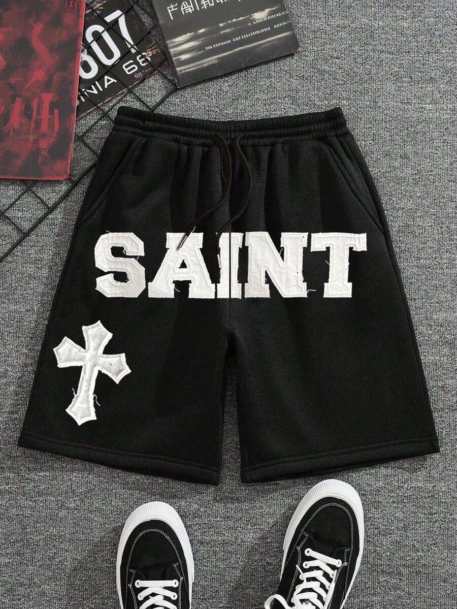 Manfinity Dauomo Men's Letter & Cross Patch Drawstring Waist Pocket Casual Shorts - Black - View 1