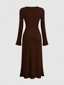 Sweetra Plus Size Solid Color Textured Contrast Lace A-Line Dress, Women Spring/Autumn - Coffee Brown - View 2