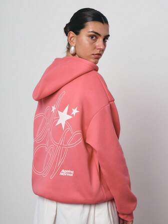 SURIMA Casual Peach Pink Minimalist Fuchsia Drawstring Hooded Long Sleeve Loose Fit Thick Hoodie Sweatshirt For Women, Suitable For Autumn/Winter