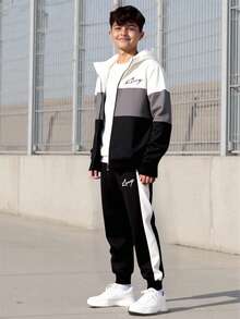 Vacaura Teenager's Casual Zip-Up Hoodie Jacket With Digital Print Letter Pattern & Contrast Color Drawstring Sweatpants Sports Set, Fashionable For Spring, Autumn & Winter