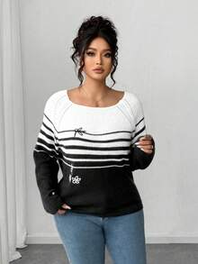 Elenzga Nuovo maglione lavorato a maglia oversize, stile country casual, rilassato ed elegante, con blocchi di colore, righe e ricamo floreale, collo equipaggio, maniche lunghe - Bianco e nero - Visualizzare 3