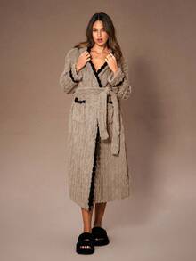Lazeform Contrast Color Pom Pom Hooded Jacquard Fleece Women Robe Fuzzy, Fluffy Long Robe Winter, Cozy - Khaki - View 6