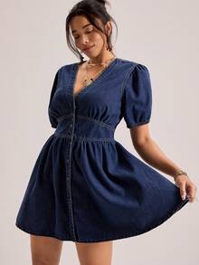 Freevana Plus Size Women V-Neck Bubble Short Sleeve Fitted Waist Dress,Valentine's Day,Mini A-Line Dress,Puff Sleeve Dress,Waist Tie Dress,Lightweight Denim Fabric,Vacation Denim Dress,Travel Outfit Dress,Boho Denim Dress,Resort Style Dress,Island Vacation Outfit,Island Vacation Outfit,French Vintage Dress,Spring Break Outfit,Spring Break Outfit,Holiday Travel Outfit,Button Front Denim Dress,Waist Tie Dress,Cute Date Dress,Tea Time Outfit Dress,Vacation A-Line Dress,Date Dress,Date Dress,Summer,Carnival,Beach,Party,Elegant Party Dress,Going Out - Blue - View 7