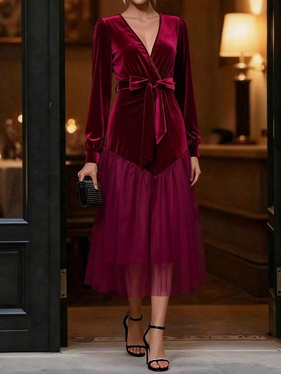 EMERY ROSE Vestido de mujer de terciopelo con contraste de malla en la cintura, elegante, de uso diario, de moda, estilo francés retro, versátil, para Navidad, Año Nuevo, negocios, de manga larga, color rojo vino, otoño/invierno - Burdeos - Ver 1