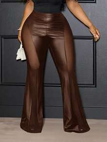 Slaydiva Autumn/Winter New Elegant & Party & Streetwear & Casual & Date & Music Festival & Y2K Sexy Fitted Solid Black Sheer Mesh Patchwork Flare Pants, Plus Size - G - Brown - View 2