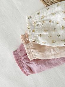 SHEIN 3pcs Baby Girls' Casual Ditsy Floral Pants With Ruffle Hem, Spring/Autumn Set