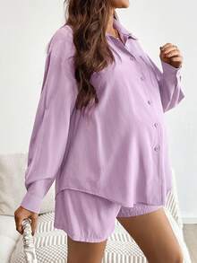 SHEIN Setelan Kasual Cerdas Musim Gugur Ungu untuk Wanita Hamil, 2 Potong Kemeja dan Celana Pendek Warna Polos, Pakaian Hamil Musim Semi dan Gugur - Berwarna merah muda - View 4
