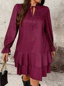Breezaya Plus Size Women Geometric Print Ruffle Hem Long Sleeve Casual Swing Dress Lantern Sleeve Dress Patterned Dress - Burgundy - View 1