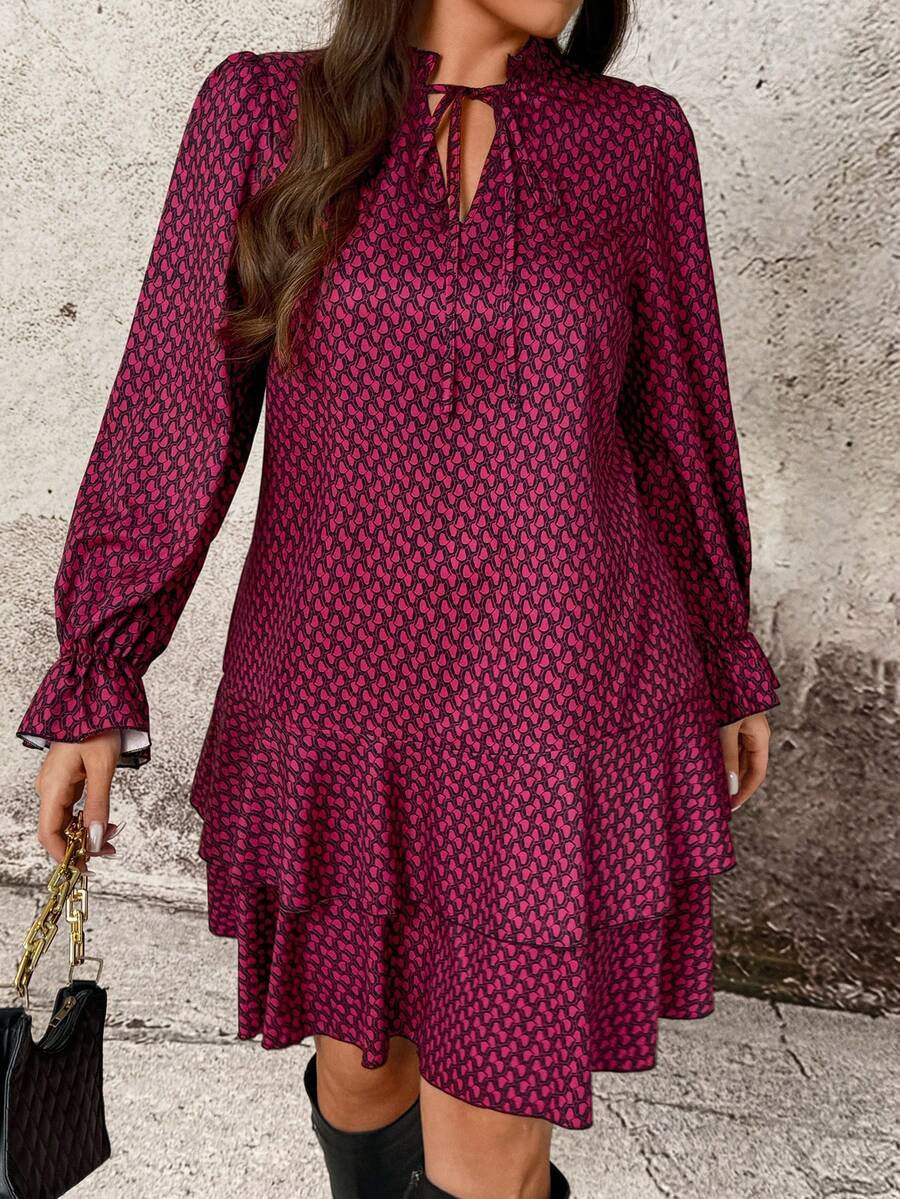 Breezaya Plus Size Women Geometric Print Ruffle Hem Long Sleeve Casual Swing Dress Lantern Sleeve Dress Patterned Dress - Burgundy - View 1