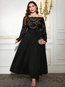 Reflora 大码纯色蕾丝拼接露肩长袖开衩连衣裙 - 黑色 - 查看 8