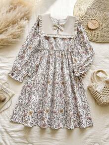 Vintaside Kids Girls' Spring & Autumn Long Sleeve Lapel Dress With Elegant Digital Print, Suitable For Mild Weather Outings, Camping, Vacations, Or Parties - Multicolor - View 12