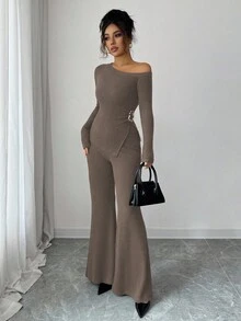 Elenzga 女士时尚休闲两件套，不对称肩部褶皱下摆金属装饰长袖罗纹针织修身T恤+罗纹针织修身喇叭裤 - 摩卡棕 - 查看 4
