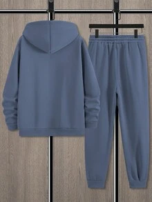 Manfinity Homme 2pcs Men Paris Slogan Graphic Print Casual Sweatshirt And Sweatpants Set, Fall/Winter Men Clothes - Dusty Blue - View 3