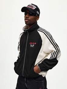 ROMWE MEN Street Life 男士秋季字母条纹长袖拉链休闲外套 - 黑色 - 查看 4