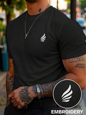 Manfinity Men's Casual Round Neck Short Sleeve Embroidered T-Shirt