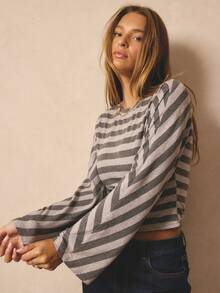 Aralina Áo thun Jersey sọc cổ tròn tay dài, cạp chun, dáng rộng, mặc thường ngày, áo thun kiểu corset, áo thun mềm mại, thoải mái dành cho nữ, phong cách cổ điển, áo thun cơ bản nâng cao, phong cách đồng quê - Nhiều màu - Xem 5