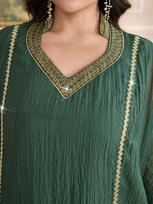 Al Najma Plus Size Women Elegant Patchwork Ribbon V-Neck Textured Dress, Autumn Plus Size Green Dress