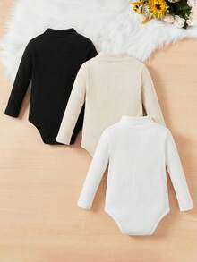 SHEIN Baby Girls Plain Long Sleeve Stand Collar Fabric Bodysuit Pack In Basic Multicolor Styles - Multicolor - View 2