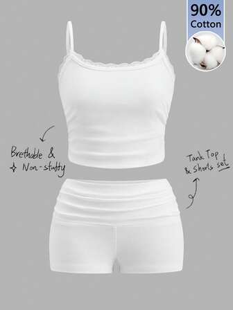 SHEIN Essnce 95% Cotton Lace Trim Tank Top And Ruched Shorts Women's Sleepwear Set - Soft, Comfortable Loungewear For Home, Dorm, Soft Girl & Clean Girl Style,Date