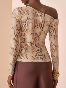 Veslaya 春夏新款优雅音乐节、复活节、母亲节、婚礼、生日派对、休闲外出、约会、聚会、派对、性感、百搭、基础款休闲爆款优雅通勤商务休闲露肩不对称露肩透视网纱蛇纹印花大码女式衬衫 - 棕色 - 查看 2