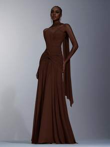 Elitara 优雅的灰绿色高弹针织网纱胸衣，正面褶皱设计，腰部扭结细节，鱼尾下摆（可拆卸颈饰），飘逸的鱼尾裙，适合约会、度假、单身派对、婚礼及所有正式场合，亦可作为正式晚礼服。 - 咖啡棕 - 查看 8