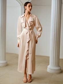 ZEYLAH Spring Ruffled Collar Long Sleeve Satin Dress, Romantic For Valentine's Day - Baby Pink - View 4