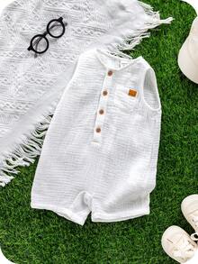 SHEIN 男女通用新生儿无袖连体衣，休闲度假可爱白色套装，适合日常外出、室内玩耍、休闲、生日派对、节日、晚宴、演出、婚礼、迎婴派对、春夏穿着。 - 白色 - 查看 5