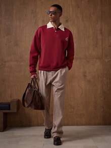 AKNOTIC Men's Date Red Long Sleeve Cartoon Embroidered Casual Polo Shirt Polo Men Sweater Polo Men Men Buttoned Knitted Polo Long Sleeve Polo Men Rugby Shirt Polo - Red - View 3