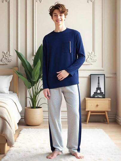 SHEIN Bộ 2 món cho bé trai tuổi teen: Áo thun dài tay cổ tròn có túi và quần phối màu tương phản, đồ mặc nhà thoải mái, thời trang, đa năng, chất vải mềm mại, phù hợp cho mặc hàng ngày và các dịp lễ. Bộ đồ ngủ dài tay màu xanh navy xám cho tuổi teen, bộ đồ ngủ cho bé trai, bộ đồ mặc nhà cho nam.