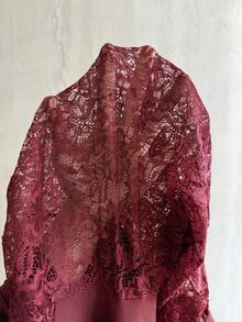 Roveilla Đầm Maxi Tay Dài Cổ Tròn Phối Ren Cỡ Lớn Mùa Xuân, Thu & Đông Phong Cách Pháp Lãng Mạn Sicily Thanh Lịch Thường Ngày Đi Làm Kỳ Nghỉ Trà Chiều Giáng Sinh Sang Trọng Tiệc Tùng Màu Trơn Ren Chắp Vá Cổ Tròn Cổ Đứng Khoét Rỗng Eo Xòe Viền Tay Dài - Đỏ - Xem 8