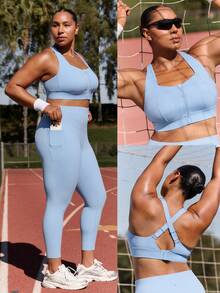 GLOWMODE OptiDry Plus Size  Win Soft Stretchy Built-In Cups Square Neck Front Zipper Crossover Back Sports Bra Medium Impact Training Running Gym Workout Daily Active Wear Valentine's Day Spring Summer - Baby Blue - View 8