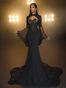 Glamrae 优雅蕾丝刺绣，华丽可拆卸披肩，喇叭长袖，无肩带蕾丝饰边，弹力针织面料，浪漫蕾丝拼接，超长拖尾连衣裙。适合约会、婚礼、单身派对、新年晚宴、优雅黑色正式晚宴、圣诞晚宴以及所有正式场合，情人节亦可穿着。 - 黑色 - 查看 8